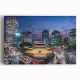 Black and white large art print of Seoul skyline on stretched canvas, suitable for kitchen wall art.