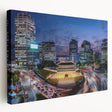 Large canvas print of Seoul skyline in muted gray and blue tones, ideal for kitchen wall art.