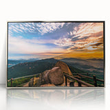 Mid-century modernist art depicting a serene Korean landscape in muted green and blue tones, framed acrylic print.