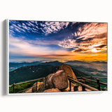 Vintage poster art of a scenic Korean landscape on a framed canvas, featuring a blend of colorful and black elements.