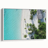 Vintage poster art of a Maldivian scenery on a framed canvas, featuring vibrant colors, ideal for living room decor.