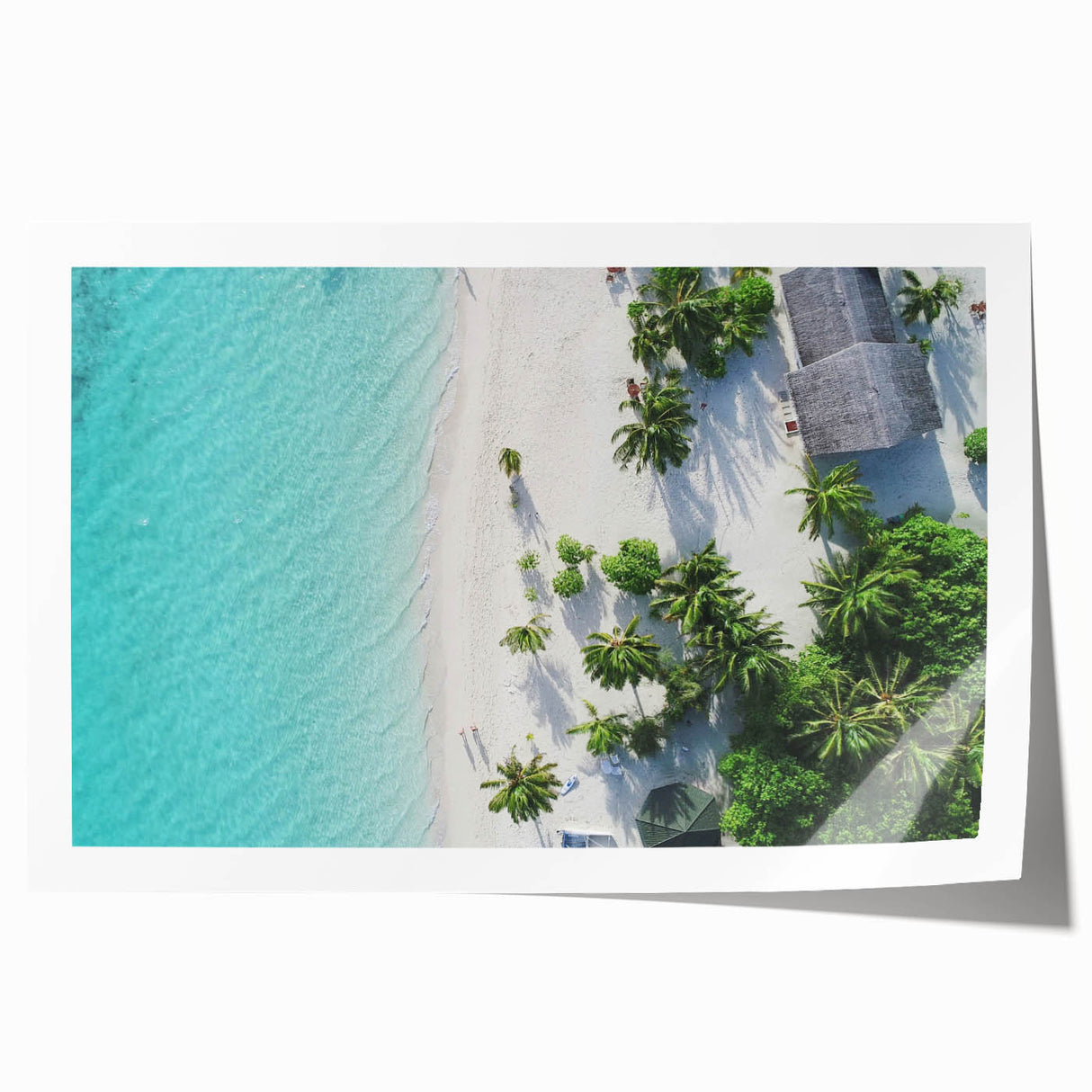 Extra large rolled print of a serene Maldivian beachscape, with soft blue and sandy hues, ideal for art wall dining room.