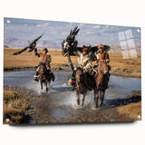 Large abstract wall art depicting a Mongolian landscape in muted earth tones on acrylic glass.