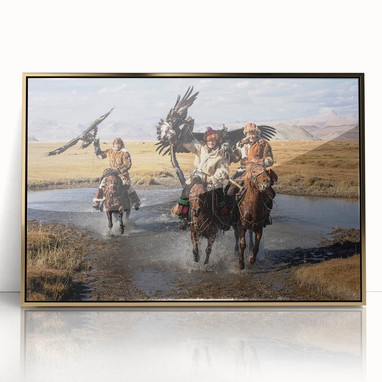 Large art print of a Mongolian landscape in acrylic, featuring muted earth tones in a mid-century modernist style.