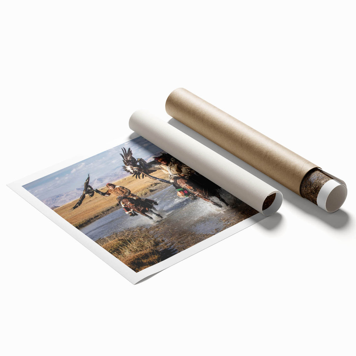 Extra large rolled print of a Mongolian landscape with vibrant floral accents, ideal for classy bathroom wall art.