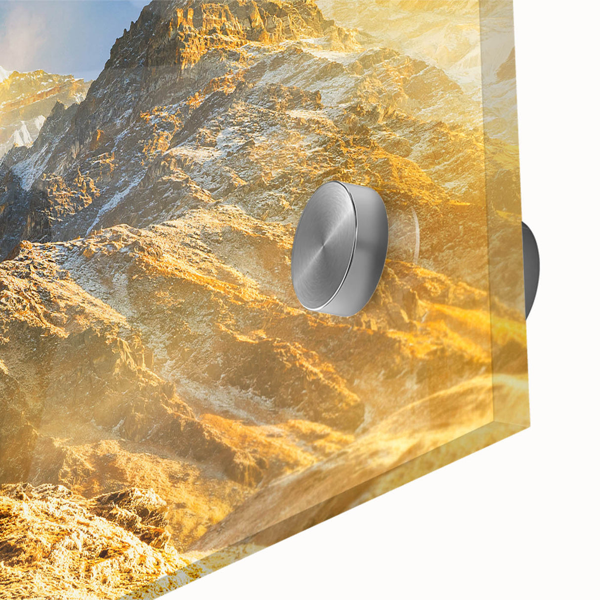 Large abstract depiction of Mount Everest in muted earth tones on acrylic glass.