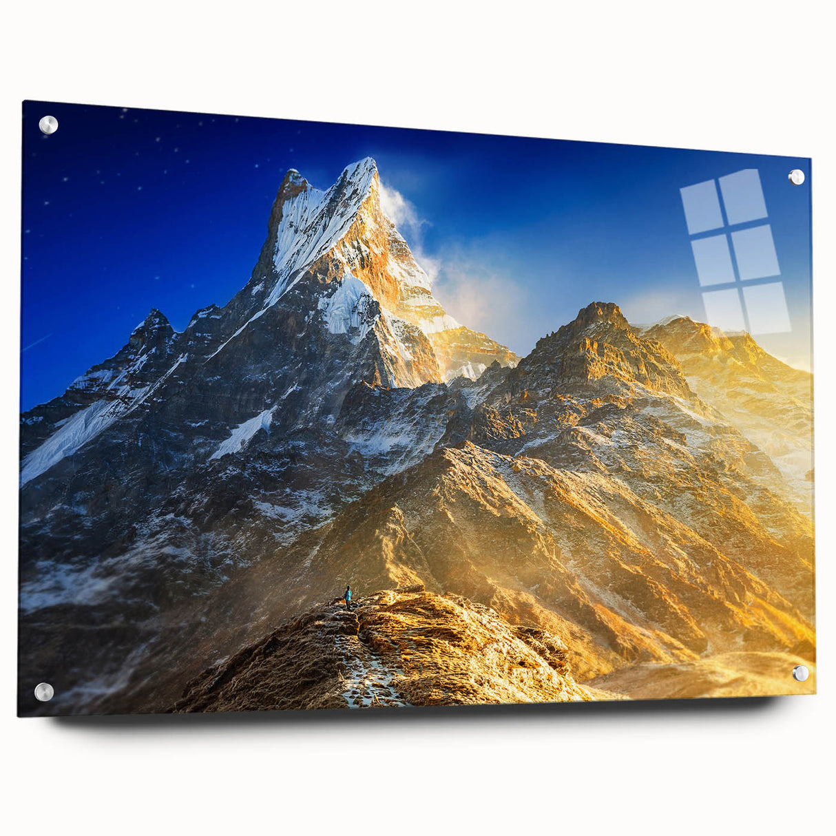 Acrylic print of Mount Everest in shades of blue and white, suitable for bedroom or dining room decor.
