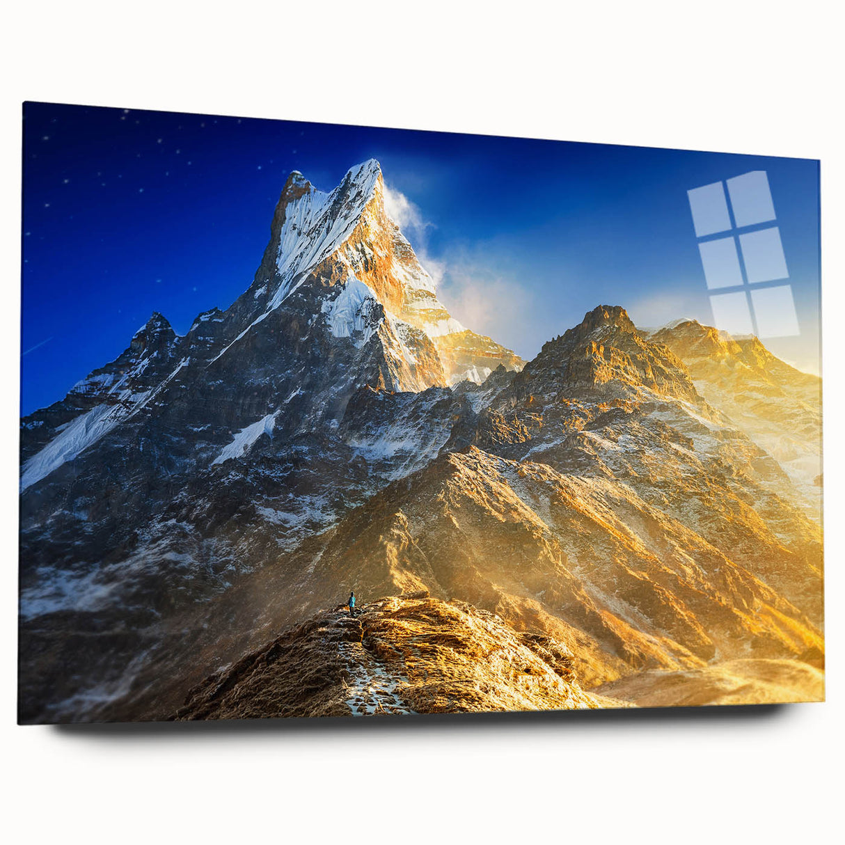 Large abstract wall art of Mount Everest in muted blue and white tones on acrylic glass.