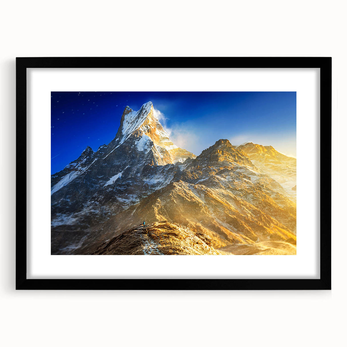 Abstract art print of Everest in vibrant colors on a large framed canvas, ideal for living room decor.