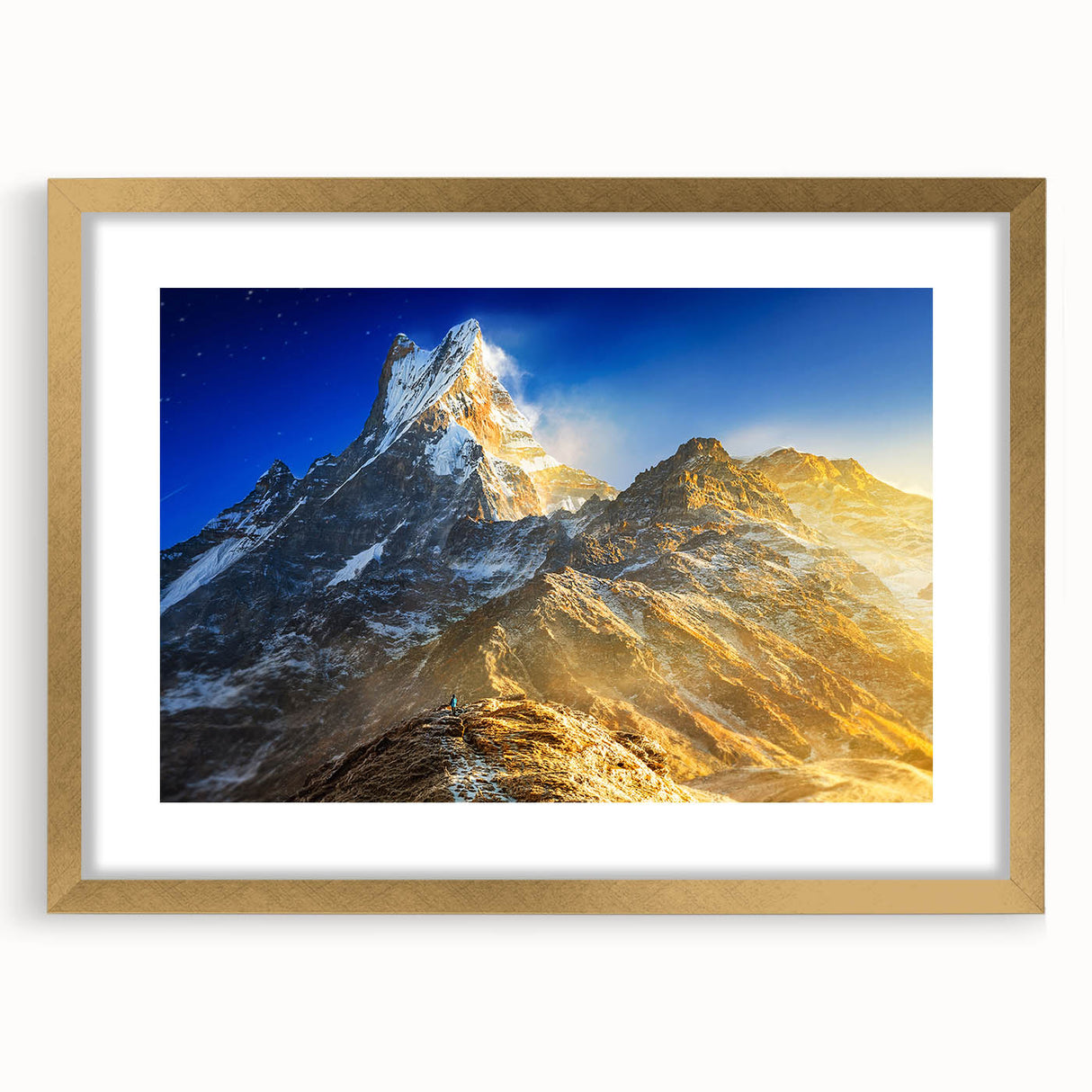 Extra large wall art of Everest in textured style, featuring abstract art prints in muted earth tones, framed in gold.