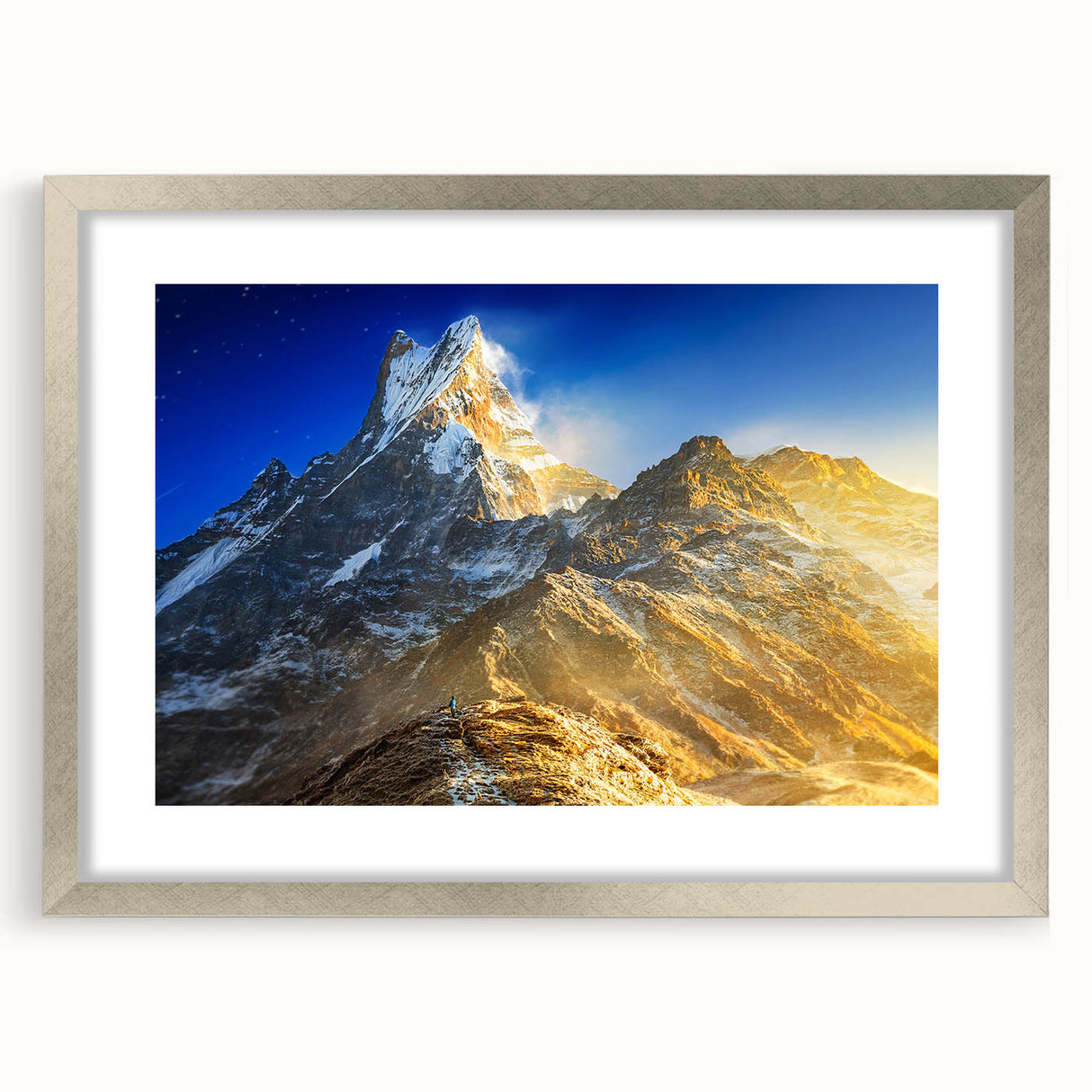 Textured art print of abstract Mount Everest in muted earth tones, framed in silver, ideal for bedroom art.