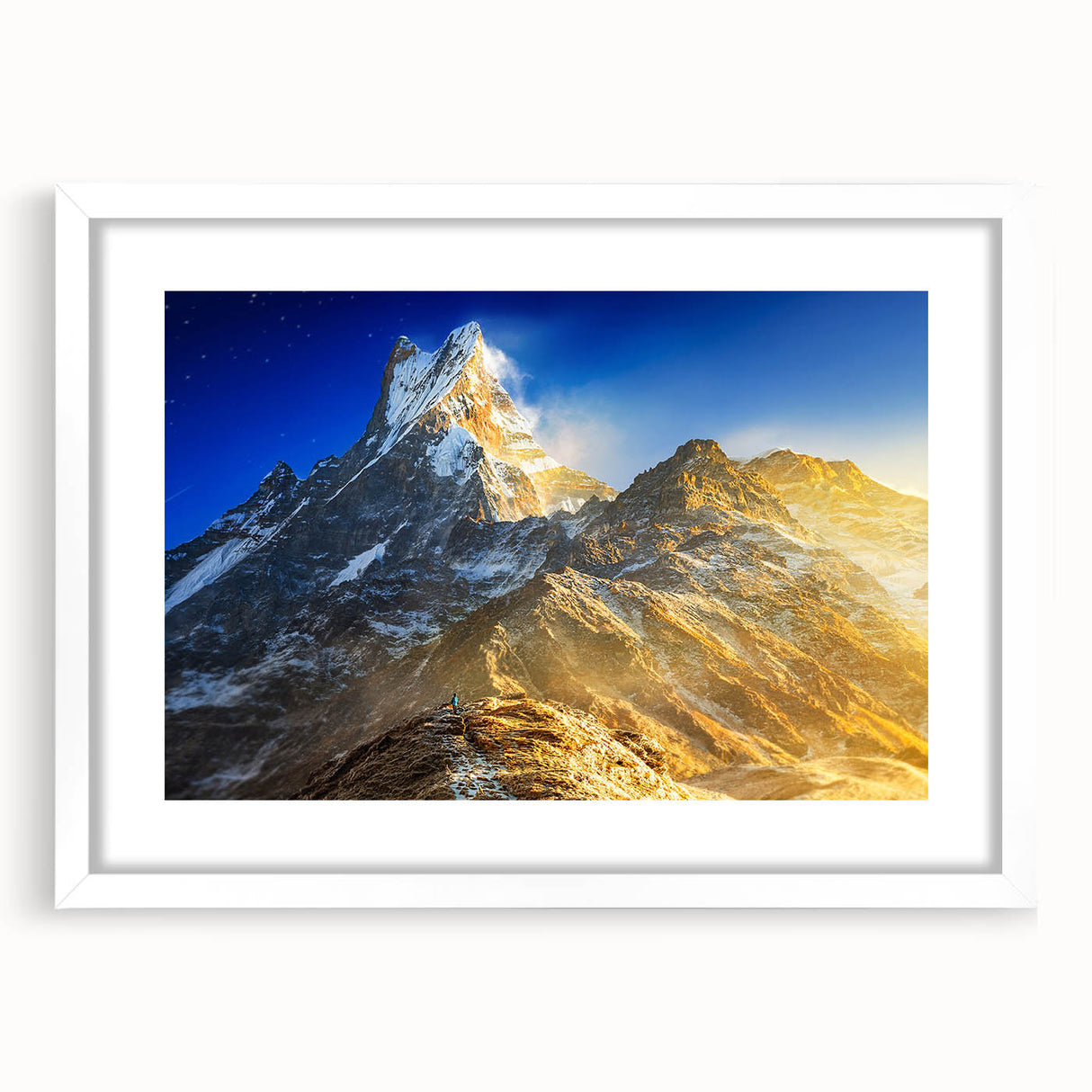 Abstract art print of Mount Everest in muted blue and white tones on a framed canvas, ideal for dining room decor.
