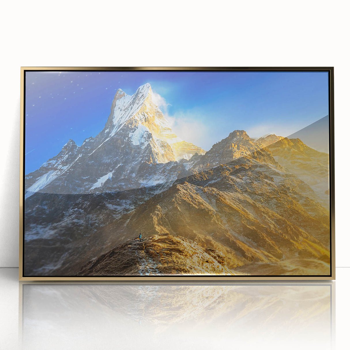 Acrylic print of Mount Everest with golden frame, featuring muted earth tones, ideal for modern art wall decor.