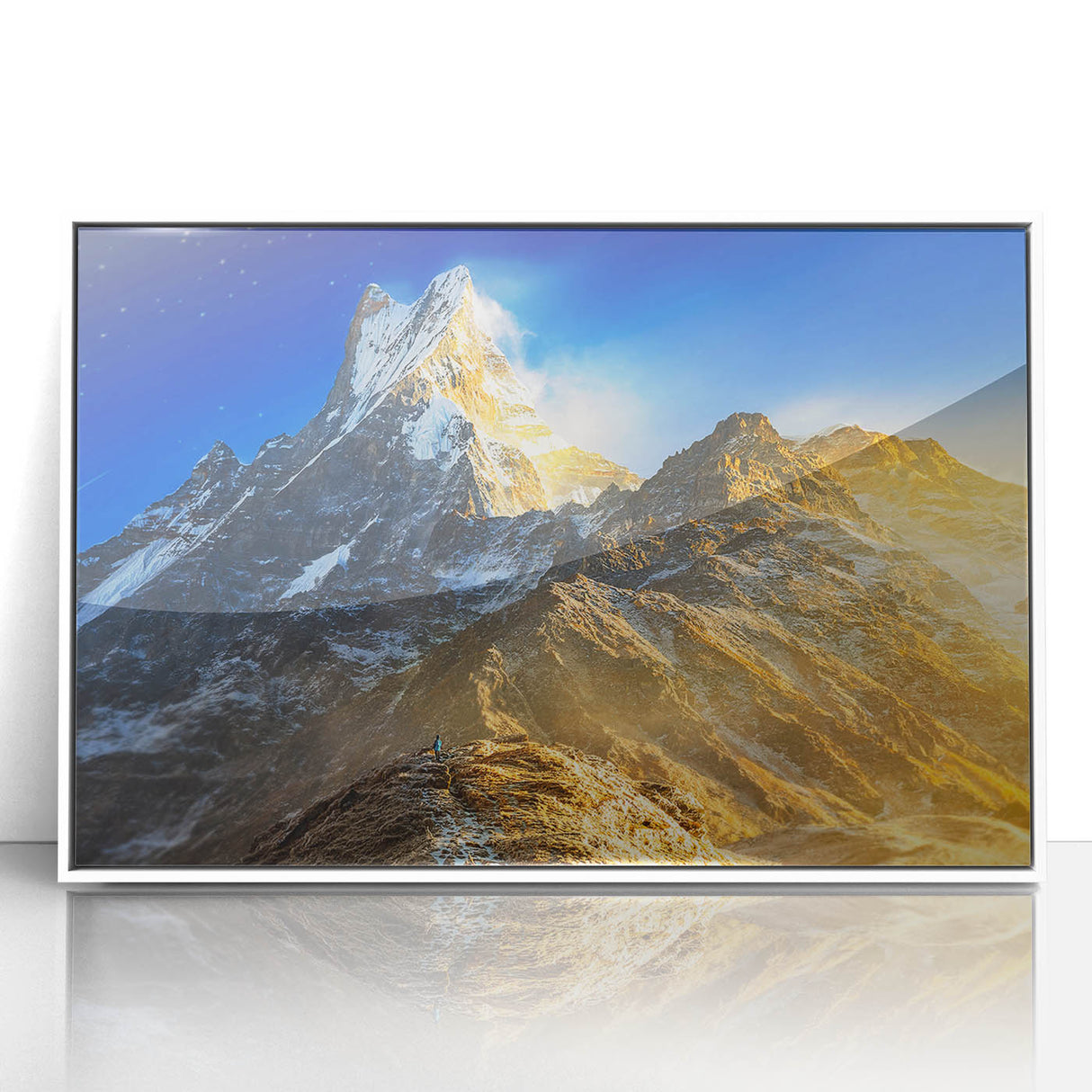Framed acrylic print of Mount Everest in muted blue and white tones, ideal for modern art wall decor.