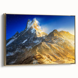 Framed canvas depicting Mount Everest in muted gold and black tones, ideal for bedroom wall art.