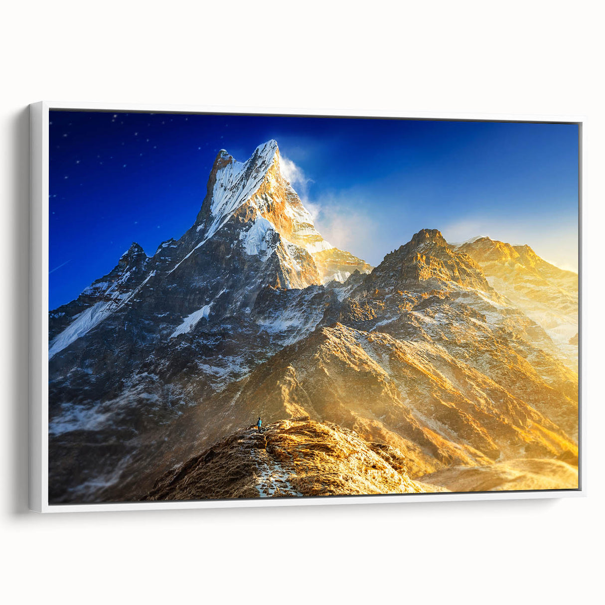 Vintage poster art of Everest in colorful hues on a large framed canvas, ideal for living room decor.