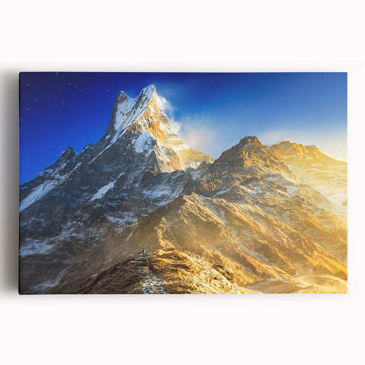 Black and white photo of Mount Everest on stretched canvas, ideal for kitchen wall art.