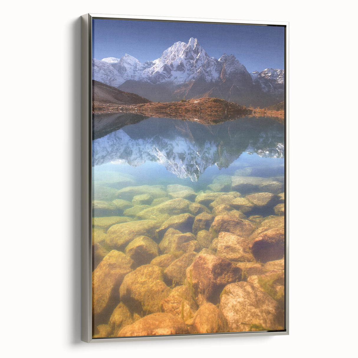 Framed canvas landscape art painting depicting a colorful Nepalese village scene.