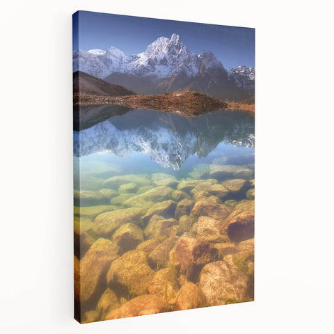 Large canvas print of a serene Nepalese landscape in soft earth tones, ideal for kitchen wall art.