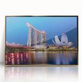Acrylic print of Singapore skyline in gold and blue tones, mid-century modernist style, suitable for modern art wall decor.
