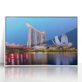 Acrylic print of Singapore skyline in art deco style, framed in white, suitable for modern art wall decor.