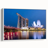 Vintage poster art of Singapore skyline in vibrant colors on a black background, framed canvas, ideal for living room decor.