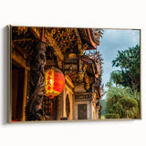 Framed canvas of a vintage-style landscape painting featuring colorful Taiwanese scenery against a black background.