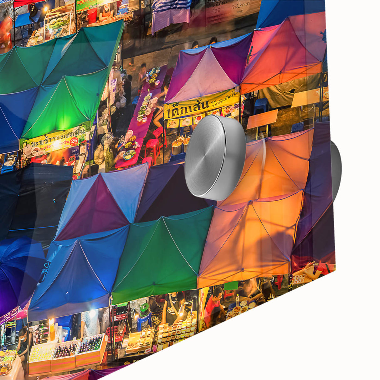 Large abstract depiction of Bangkok skyline in vibrant colors on acrylic glass, ideal for dining room art.