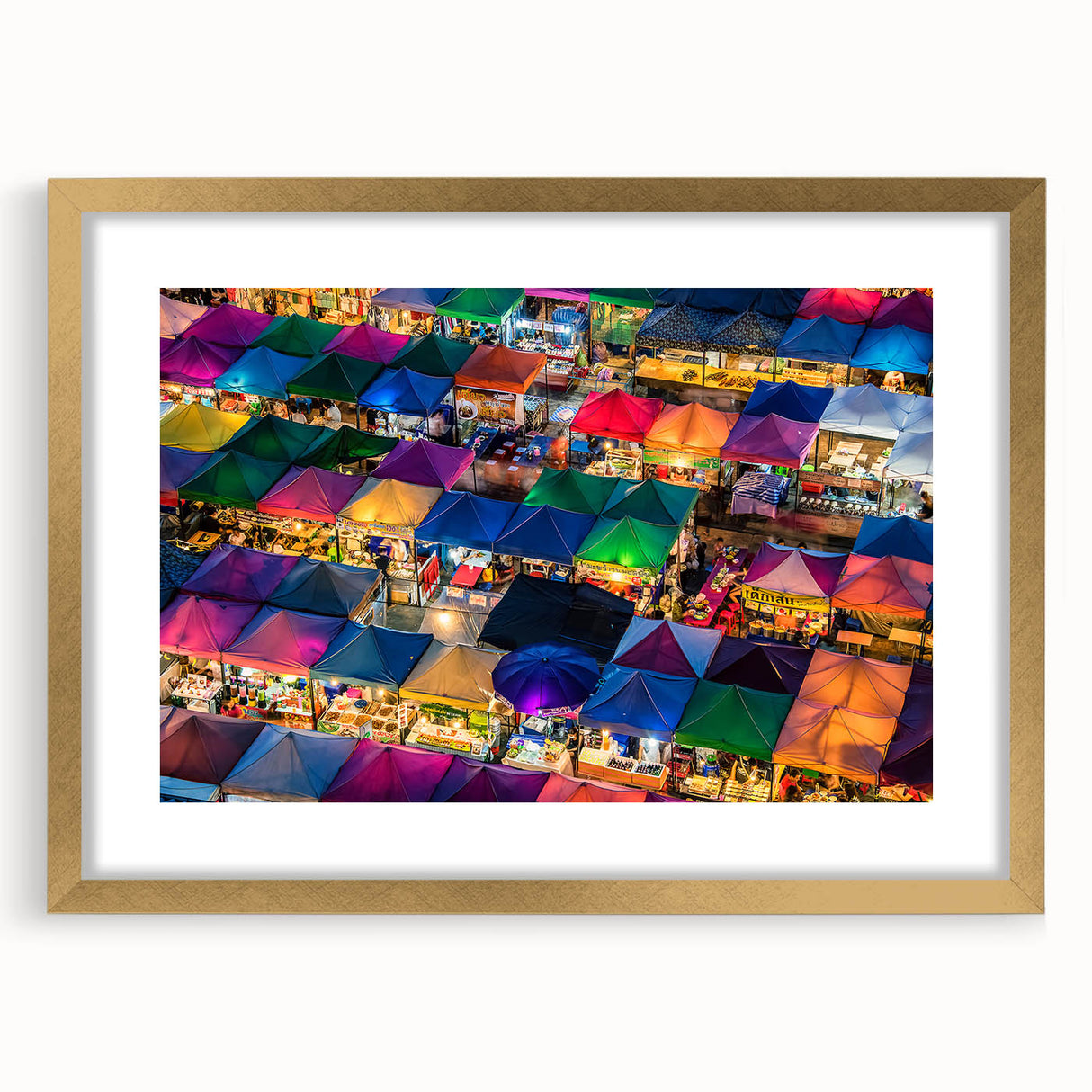 Extra large abstract art print of Bangkok skyline in textured gold frame, ideal for living room decor.