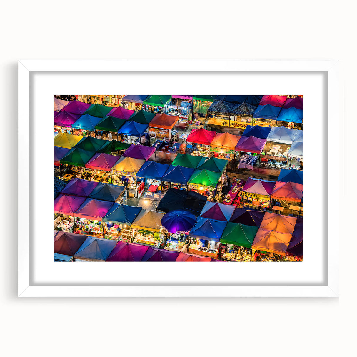 Abstract art print of Bangkok skyline in muted gray and blue tones on a framed white mat, ideal for dining room decor.