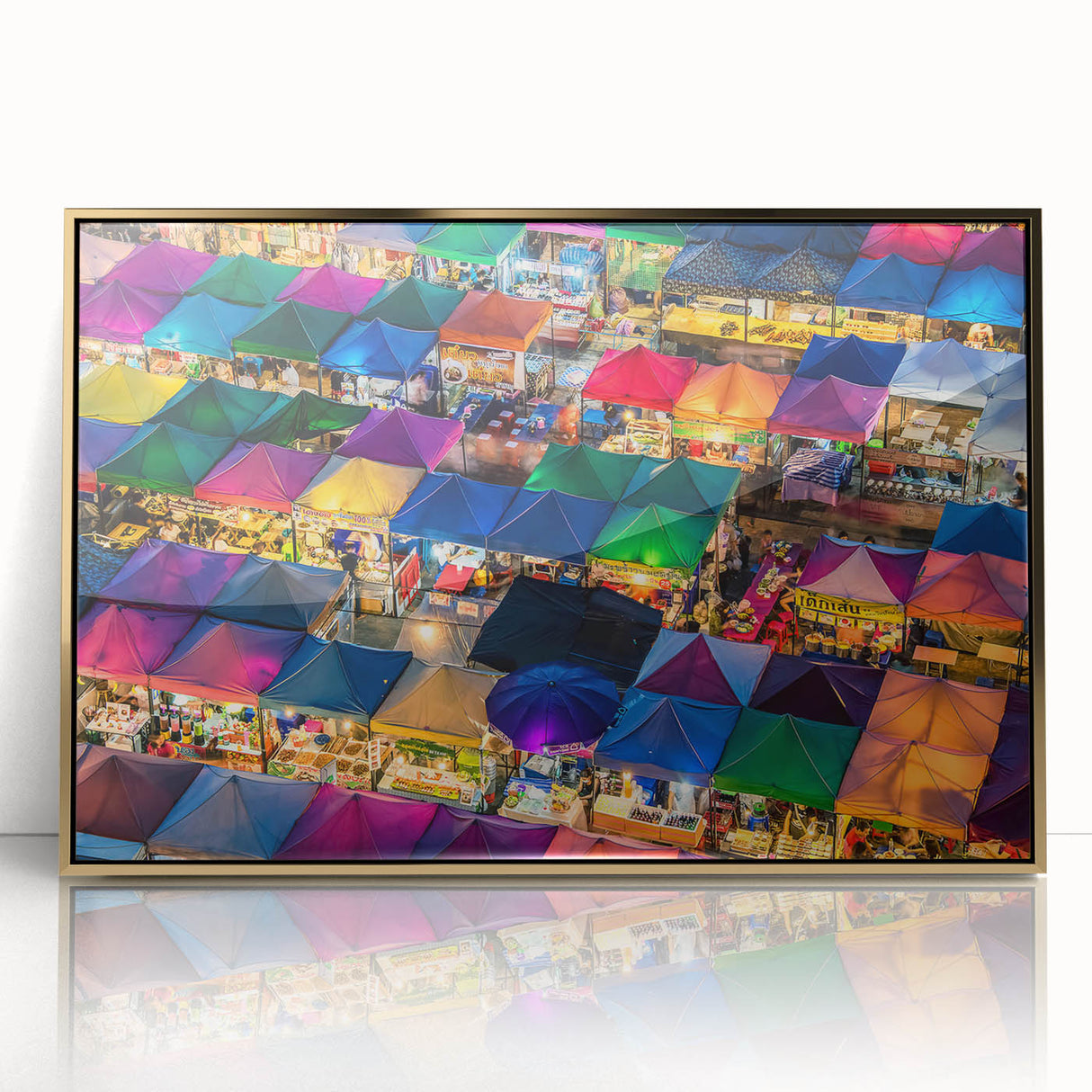 Large art print of Bangkok skyline in gold and black tones on acrylic, framed, in a mid-century modernist style.