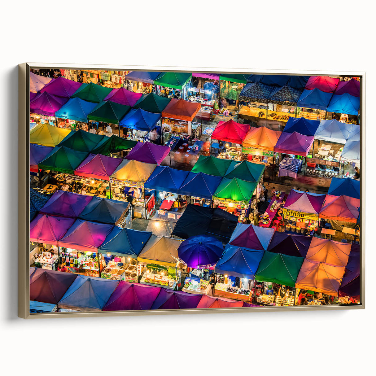 Framed canvas of Bangkok landscape with vintage poster style in black and gold tones, ideal for bedroom wall art.