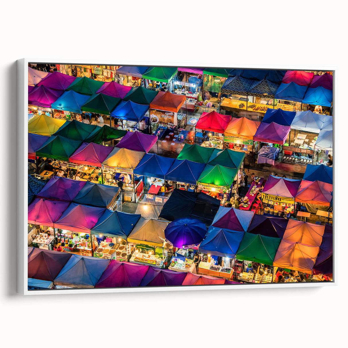 Vintage poster art of Bangkok scenery on framed canvas, featuring colorful art on black background.