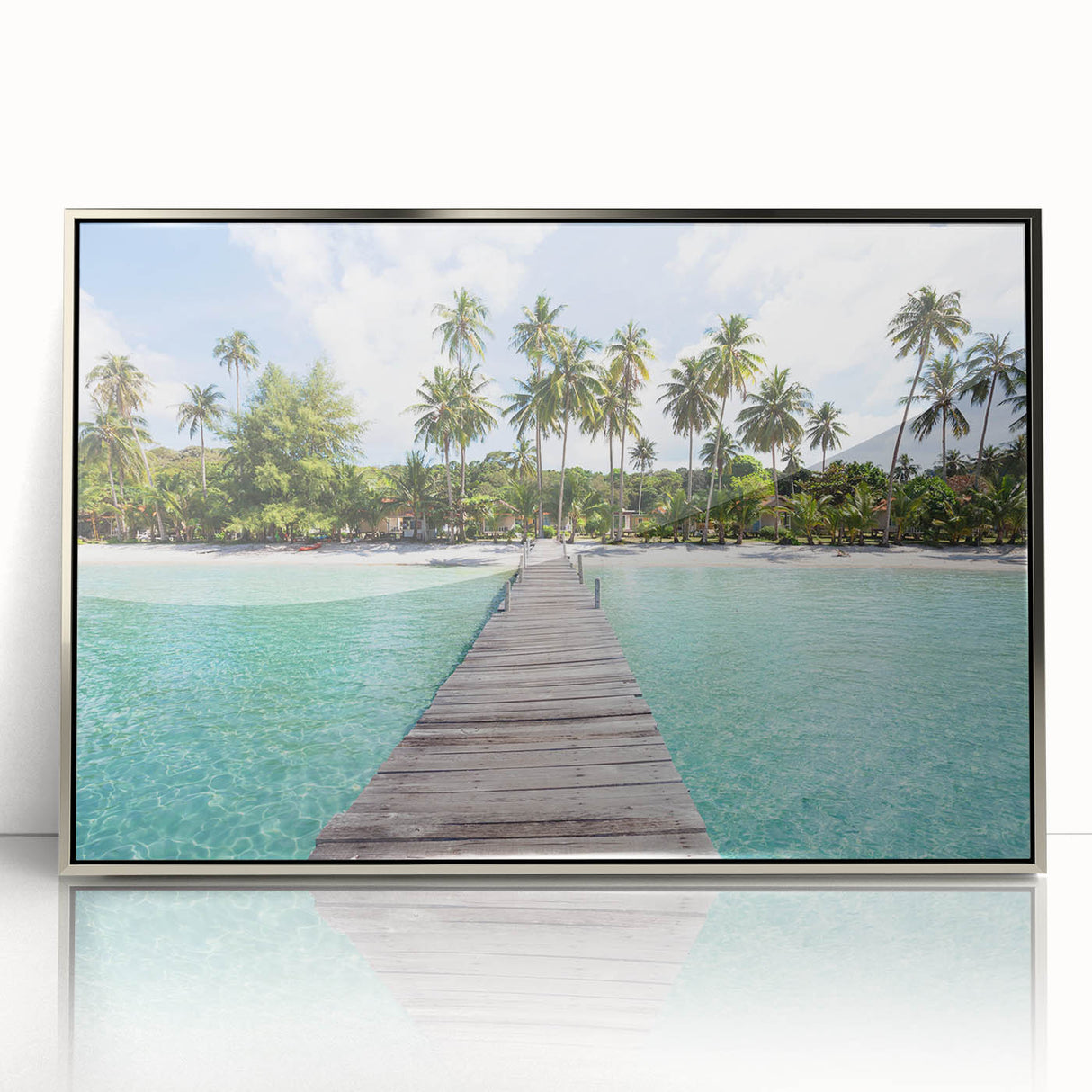 Mid-century modernist art depicting a serene Thai landscape in muted green and blue tones on a framed acrylic panel.