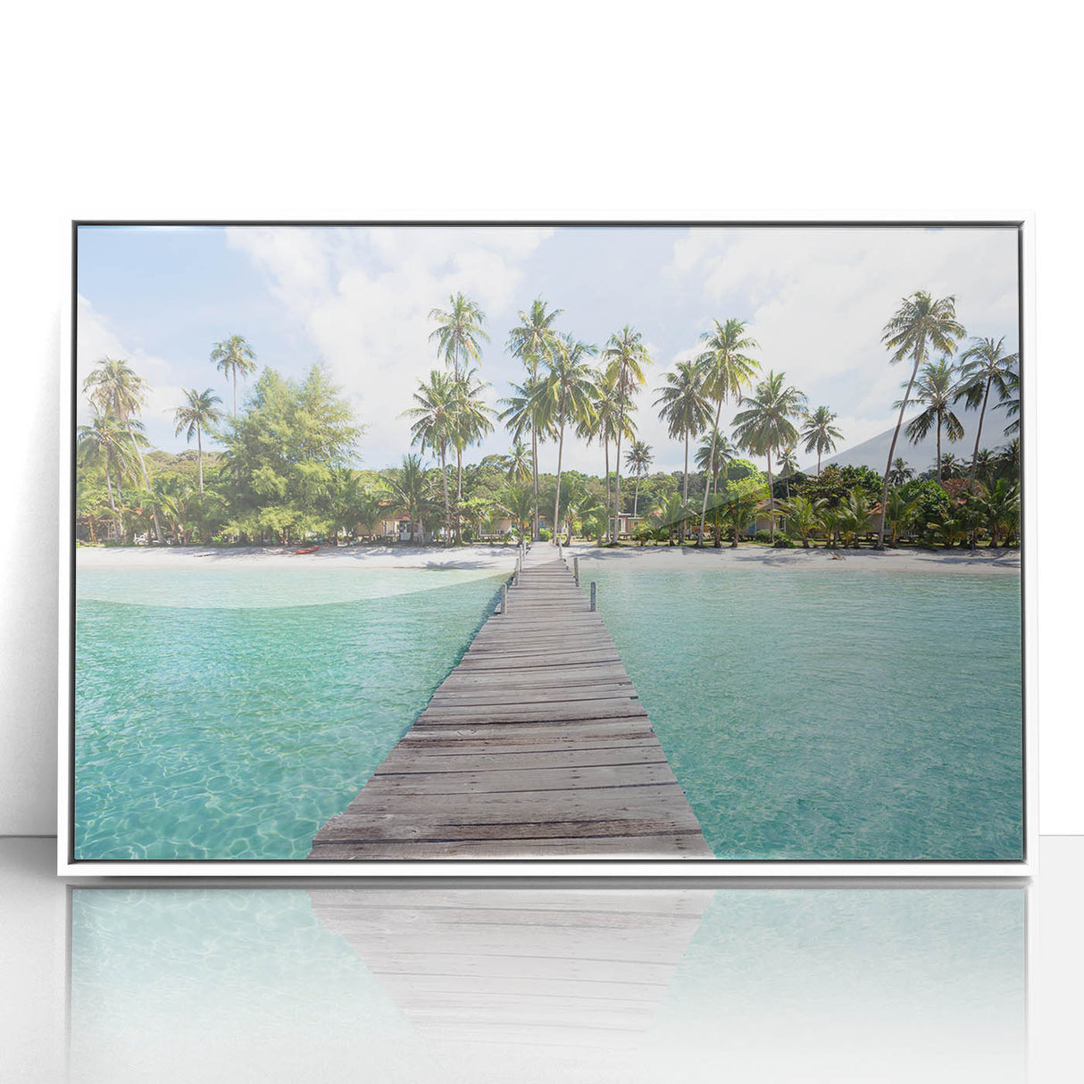 Acrylic print of a serene Thai landscape in muted green and blue tones, framed in white, suitable for modern art wall decor.