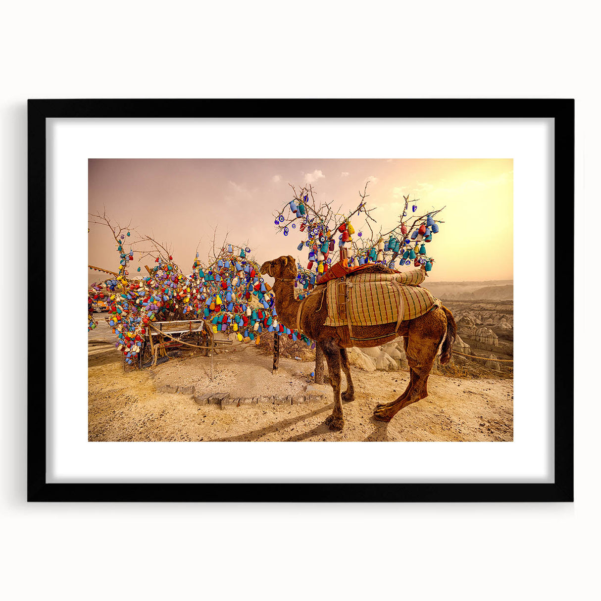 Extra large abstract art print of a colorful, textured scenery, in a black frame, ideal for living room decor.