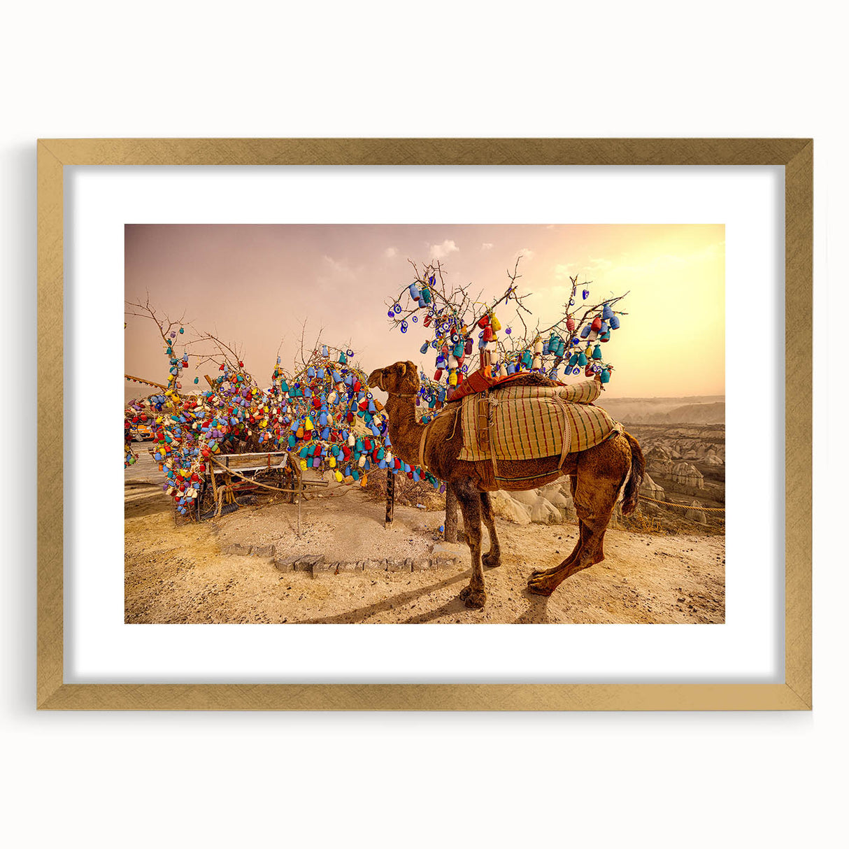 Extra large abstract art print of a textured Turkish landscape in muted earth tones, framed with a gold mat.