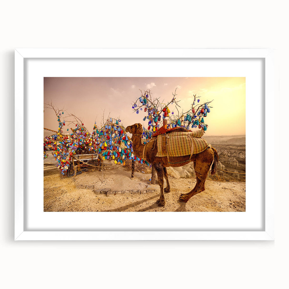 Abstract art print of a Turkish landscape in muted earth tones on a framed white canvas, ideal for dining room decor.