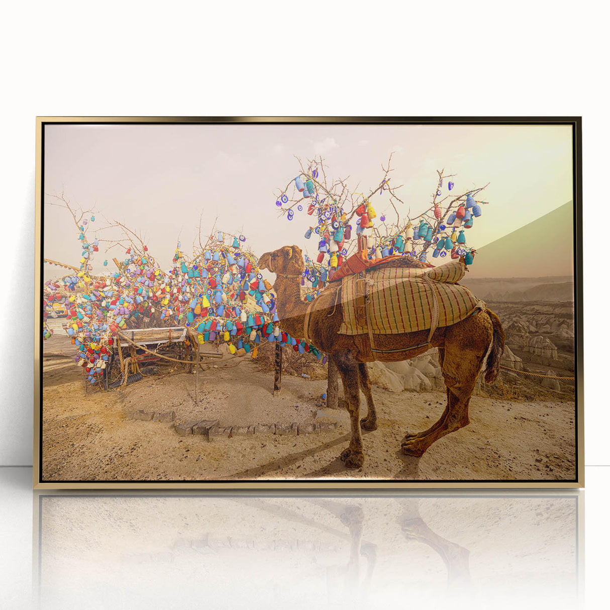 Framed acrylic print of a mid-century modernist Turkish landscape in muted gold and blue tones.