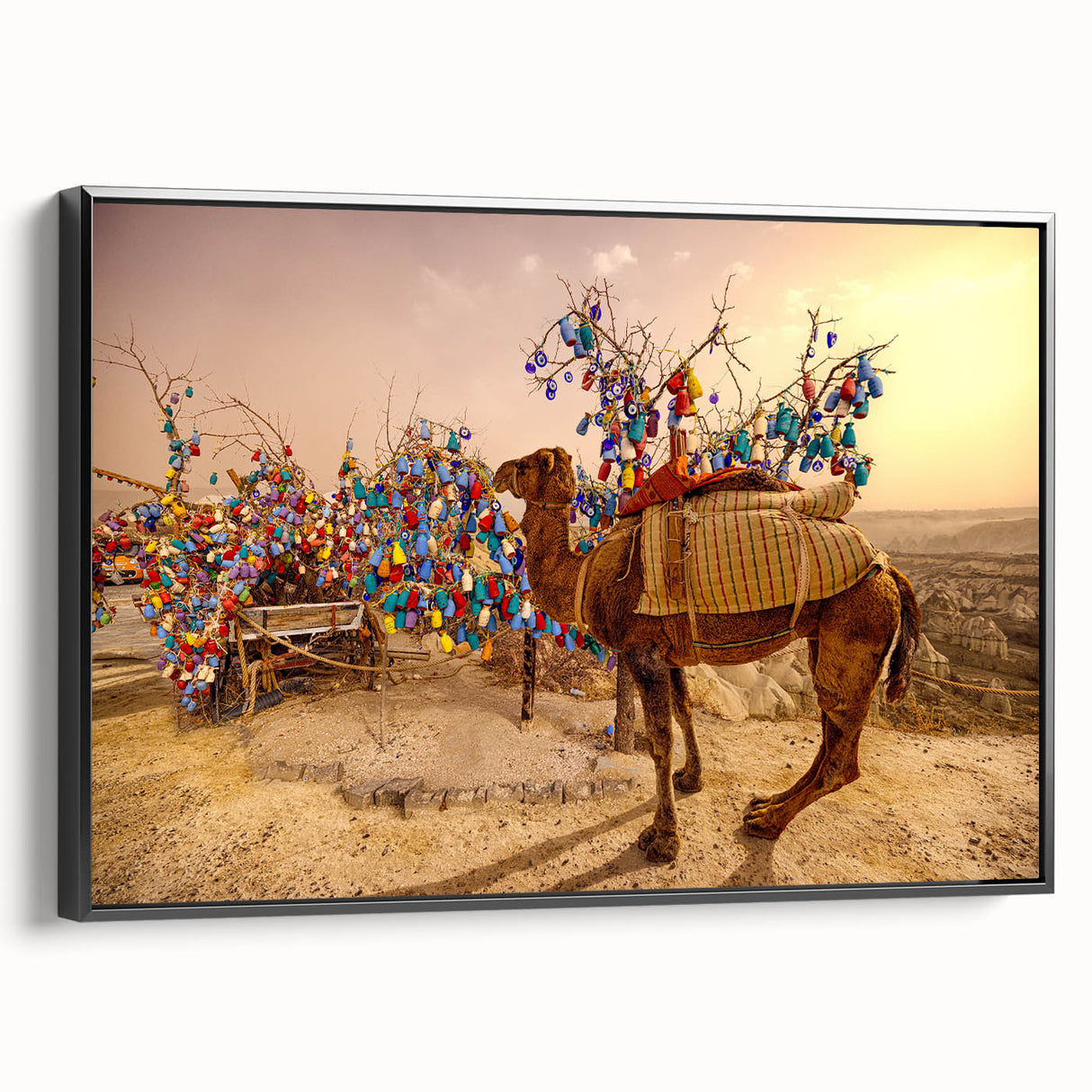 Black and white framed canvas of a vintage Turkish landscape, ideal for bedroom wall decor.