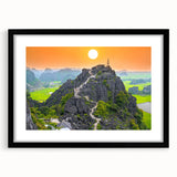 Extra large abstract art print of a colorful, textured Vietnamese landscape on a black framed canvas.