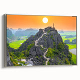 Landscape art painting of a Vietnamese river scene in vibrant colors on a framed canvas, suitable for living room decor.
