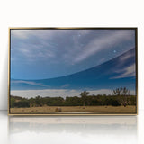 Mid-century modernist art depicting Adelaide scenery in gold and blue tones on a framed acrylic.