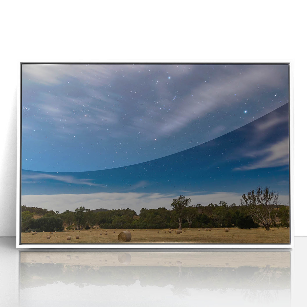 Large art print of Adelaide scenery in muted green and blue tones on a white framed acrylic, ideal for modern art wall decor.