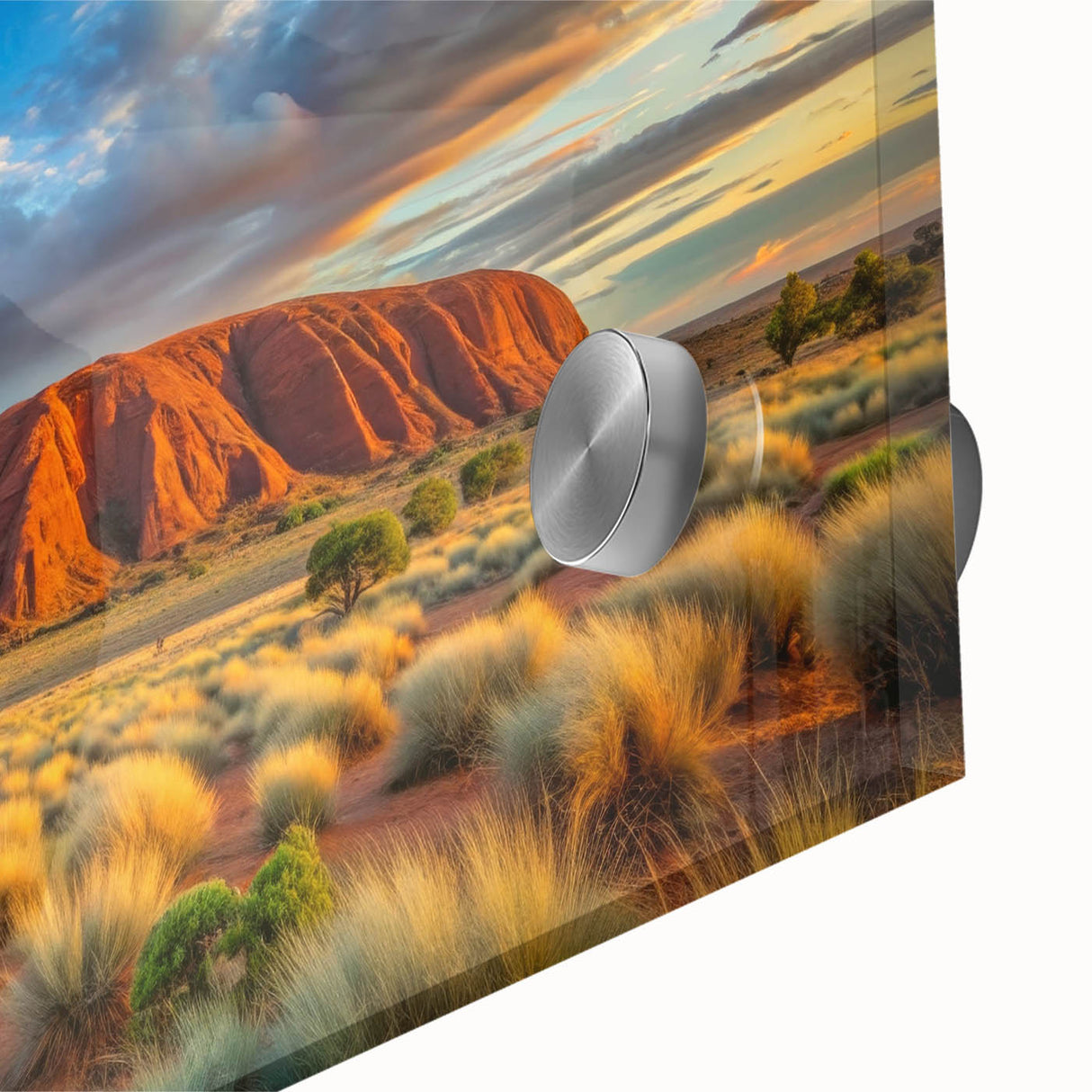 Large abstract depiction of Ayers Rock in muted earth tones on an acrylic print, suitable for dining room art.