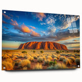 Acrylic print of Ayers Rock in Australia with vibrant sunset colors, ideal for dining room decor.
