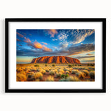 Extra large abstract art print of Ayers Rock in vibrant red and orange hues on a textured canvas, framed in black.