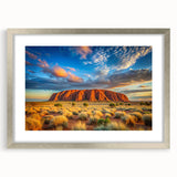 Abstract art print of Ayers Rock in muted orange and brown tones on a framed silver mat, suitable for dining room decor.