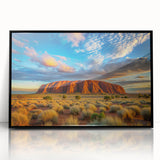 Framed acrylic print of a large abstract depiction of Ayers Rock in earthy tones, ideal for modern art wall decor.