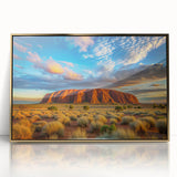 Mid-century modernist art depicting Ayers Rock in muted earth tones on a framed acrylic, ideal for nursery wall decor.